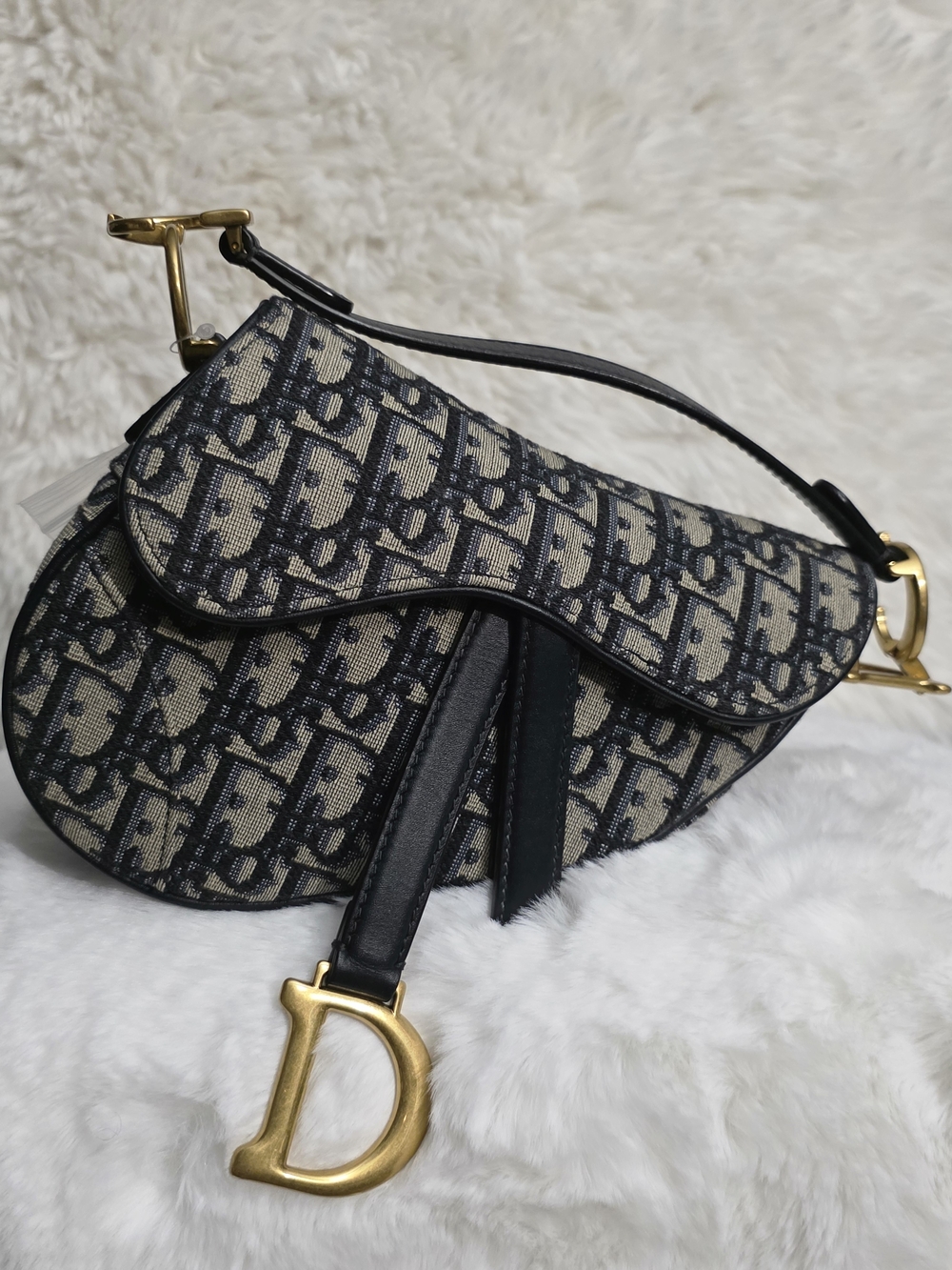 Dior Navy and Beige Saddle Bag with Gold D Charm